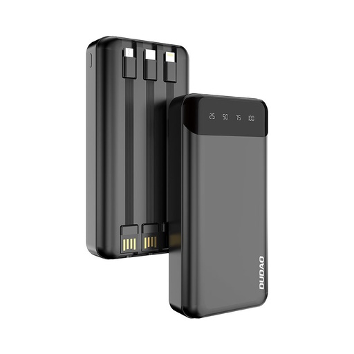 Ietilpīga 20000 mAh powerbanka ar 3 iebūvētiem USB-C microUSB Lightning kabeļiem, melns