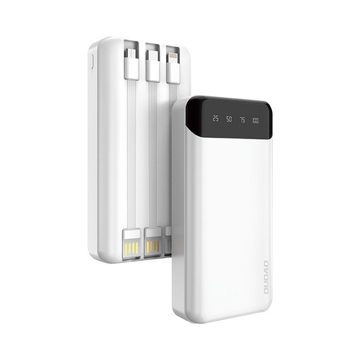 Ietilpīga 20000 mAh powerbanka ar 3 iebūvētiem USB-C microUSB Lightning kabeļiem, balts